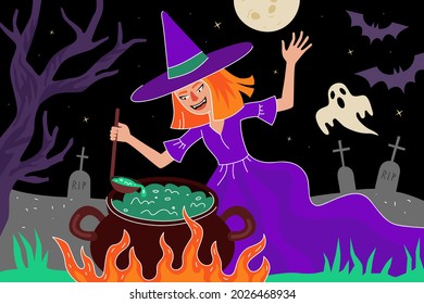 Happy Halloween holiday greeting card. The witch brews magic potion in cauldron in moonlight night cemetery with ghosts and bats. All Saints Day celebration eve. Evil fairy atrocity drawing eps poster