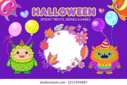 Happy Halloween Holiday greeting card decoration with balloons, pumpkin, cute monsters, Autumn leaves, flowers, confetti isolated kids party, birthday elements vector illustration