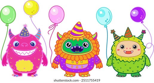 Happy Halloween Holiday greeting card decoration with balloons, pumpkin, cute monsters, Autumn leaves, flowers, confetti isolated kids party, birthday elements vector illustration