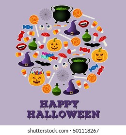 Happy Halloween holiday greeting card. Bright color icons of related objects. Pumpkin, cauldron with potion and ingredients, hat and other traditional witches attributes. Vector illustration