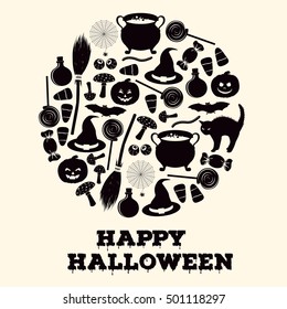 Happy Halloween holiday greeting card. Black and white icons of related objects. Pumpkin, broom, cauldron with potion, hat and other traditional witches attributes. Vector illustration