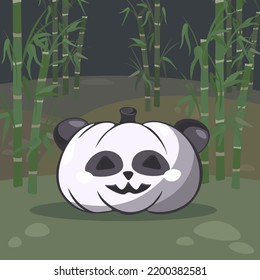 Feliz postal de la fiesta de Halloween. Calabaza dulce de Halloween como un oso panda y bosque de bambú para tu fondo de Halloween, ubicación del juego, postal, afiche, pancarta o stickers.