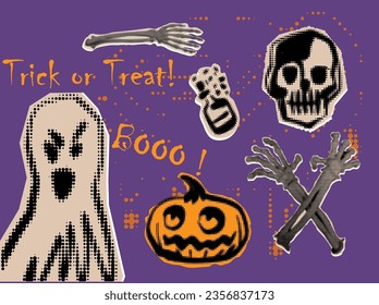 Happy Halloween holiday halftone collection. Halftone pumpkin, zombie, ghost, and potion. Trendy vector illustration in collage style.