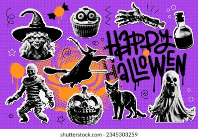 Happy Halloween holiday halftone paper stickers set. Halftone pumpkin, witch, zombie, ghost, cat and potion with doodles and graffiti. Trendy vector illustration in collage style.