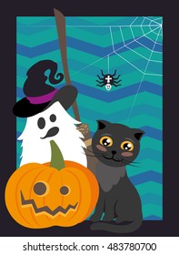 Happy Halloween holiday illustration with black cat, broom, spider, ghost and pumpkin for poster, card design