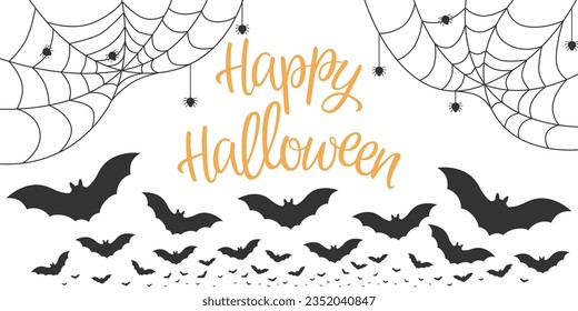 Happy Halloween, holiday lettering with bats, spider and cobwebs for the design Vector illustration.
