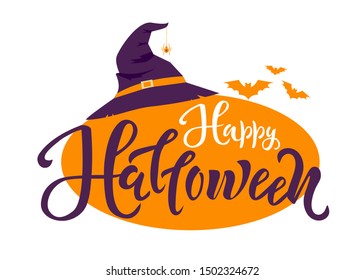 Happy Halloween holiday lettering text. Quote design with bats and old hat on background. Typography for greeting cards, posters, banners. Isolated vector illustration