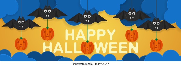 Happy Halloween. Holiday party background. Paper cut style. Bats flying through the clouds, carry pumpkins to the holiday. Background style cut paper.