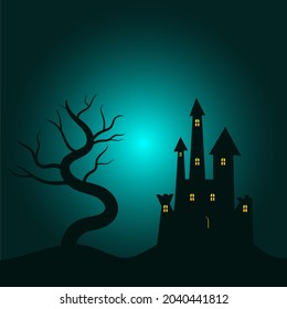 happy Halloween holiday party background with haunted castle on hills and tree cartoon flat style with copy space. vector illustration