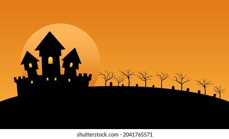 happy Halloween holiday party background. haunted house with full moon and trees on hills cartoon flat style with copy space. vector illustration