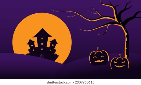 happy Halloween holiday party background. haunted castle cartoon on hills with full moon in night sky