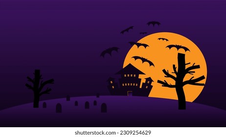 happy Halloween holiday party background. haunted castle cartoon on hills with full moon in night sky