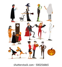 Happy halloween holiday party characters isolated on white background. Vector illustration in flat style. Design elements and icons.