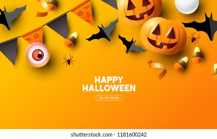 Happy Halloween holiday party Composition with Jack O' Lantern pumpkins, party decorations and sweets. Background top view vector illustration.