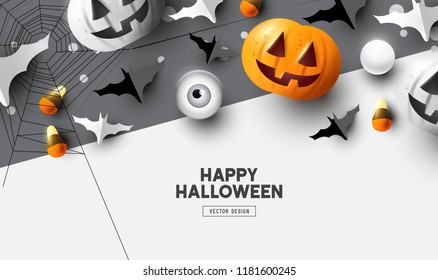 Happy Halloween holiday party Composition with Jack O' Lantern pumpkins, party decorations and sweets. Background top view vector illustration.