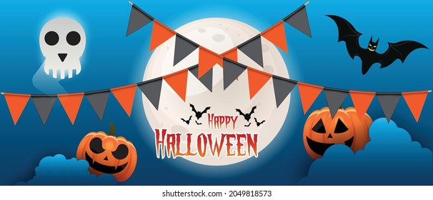 Happy Halloween holiday party Composition with, pumpkin, cloud, moon, bat, party flag Background vector illustration.