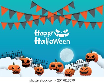 Happy Halloween holiday party Composition with, pumpkin, cloud, moon, party flag Background vector illustration.