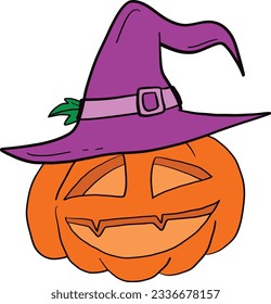 Happy Halloween holiday party Composition with Jack O' Lantern pumpkins, witch hat. Halloween spooky design