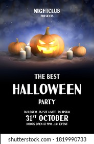 Happy Halloween holiday party flyer. Festive banner with spooky pumpkin, burning candles and confetti. Vector illustration with shadows of trees on foggy background. Invitation to nightclub.