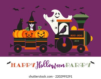 Happy Halloween holiday party funny train vector poster. Cute comic spooky pumpkin, black cat in wagon, scary skull cartoon. Horror night fun event invitation illustration. Halloween holiday greeting