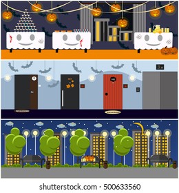 Happy halloween holiday party interior concept posters. Vector illustration in flat style design.