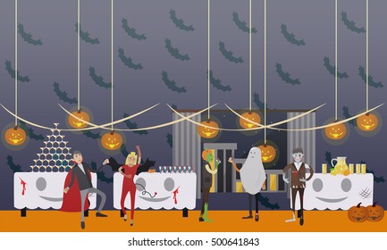 Happy halloween holiday party interior concept banner. Vector illustration in flat style design.