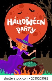 Happy Halloween holiday party poster or greeting card design template. Witch brews magic potion in cauldron in moonlight night cemetery. Traditional October 31 celebration eve. Holiday vector banner