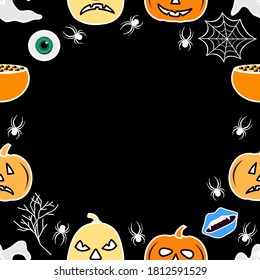 Happy Halloween Holiday Party seamless pattern Vector illustration Jack O'Lantern pumpkin, spider spider web, vampire mouth, ghost, eye, cauldron Empty space for text Trick or treat festive background