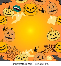 Happy Halloween Holiday Party seamless pattern Vector illustration Jack O'Lantern pumpkin, bat, spider, spider web, vampire mouth, ghost, skull. Empty space for text. Trick or treat festive background
