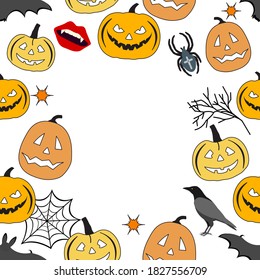 Happy Halloween Holiday Party seamless pattern Vector illustration Jack O'Lantern Spooky pumpkin, bat, spider, spider web, vampire mouth, raven. Empty space for text. Trick or treat festive background