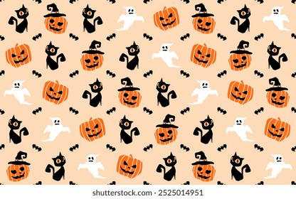 Feliz fondo de patrón de vacaciones de Halloween. Conjunto elemento halloween, fantasma, murciélago, con ilustración de estilo de dibujos animados