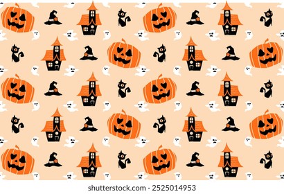 Feliz fondo de patrón de vacaciones de Halloween. Conjunto elemento halloween, fantasma, murciélago, con ilustración de estilo de dibujos animados