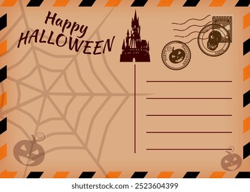 Happy Halloween holiday postal card, dark castle