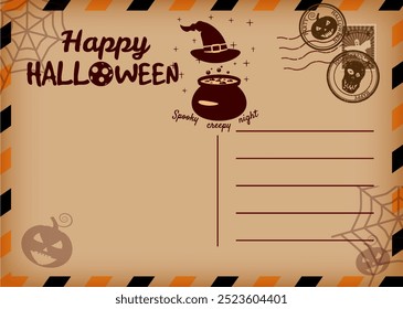 Happy Halloween holiday postal card vintage, witch hat, cauldron