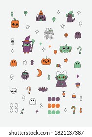 Happy Halloween holiday poster illustration with vampire, witch, black cat, pumpkin, mummy, sweets. Kawaii characters. October month - autumn season art.