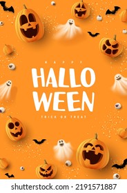 Happy Halloween holiday poster. Orange festive banner with 3d spooky pumpkins, candy eyes, paper bats, ghosts and confetti. Vector illustration. Happy Halloween holiday banner.