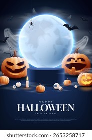 Happy Halloween holiday poster. Vector flyer with smiling pumpkins, flying ghosts and bats, bright moon, candle, pupils, clouds, podium. Cute Halloween card for branding, ads, social media, sale.