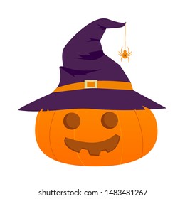 Happy Halloween holiday pumpkin design in old hat with spider. Template for greeting card, poster, icon and postcard