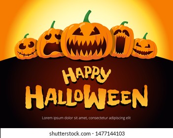 Happy Halloween holiday pumpkins under moonlight. Jack O Lantern party on night blurred background and inscription greeting card design template. Vector invitation illustration