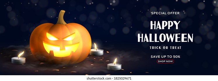 Happy Halloween holiday sale banner. Festive banner with spooky pumpkins burning candles and confetti on dark background with effect bokeh. Vector illustration.