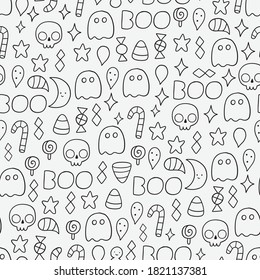 Happy Halloween holiday seamless pattern illustration with ghost, dead skull, sweets, candy. Kawaii doodles. October month - autumn season art.