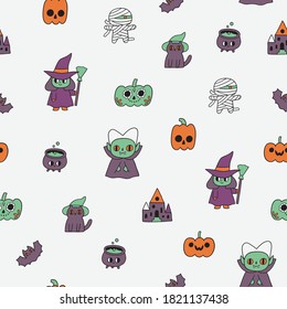 Happy Halloween holiday seamless pattern illustration with vampire, witch, black cat, pumpkin, mummy, sweets. Kawaii characters. October month - autumn season art.
