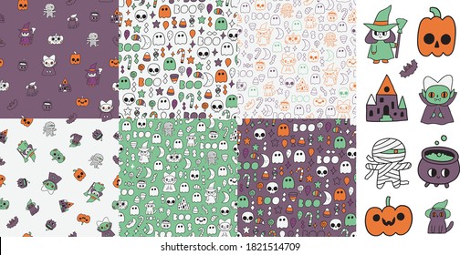 Happy Halloween holiday seamless pattern illustration with vampire, witch, black cat, pumpkin, mummy, sweets. Kawaii characters. October month - autumn season art.