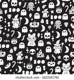 Happy Halloween holiday seamless pattern illustration with vampire, witch, black cat, pumpkin, mummy, sweets. Kawaii characters. October month - autumn season art.