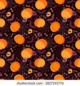 Happy Halloween holiday seamless pattern. Holiday background with scary pumpkins, bat, skull, bones, spider webs and skeleton. Cartoon creepy funny monster characters. Hand drawn vector illustration