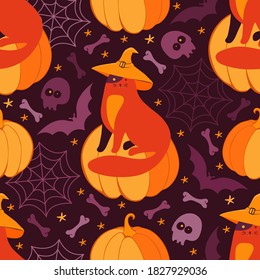 Happy Halloween holiday seamless pattern. Funny cat in a witch hat sitting on a pumpkin. Holiday background with  bat, skull, bones, spider webs, skeleton. Creepy monster characters. Hand drawn vector