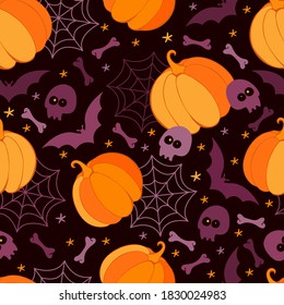 Happy Halloween holiday seamless pattern. Holiday background with scary pumpkins, bat, skull, bones, spider webs and skeleton. Cartoon creepy funny monster characters. Hand drawn vector illustration