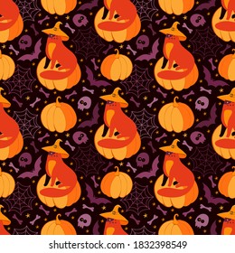Happy Halloween holiday seamless pattern. Funny cat in a witch hat sitting on a pumpkin. Holiday background with  bat, skull, bones, spider webs, skeleton. Creepy monster characters. Hand drawn vector