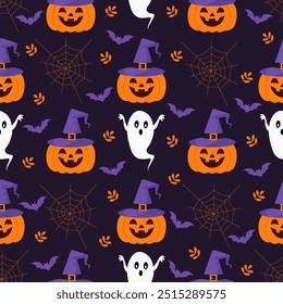 Happy Halloween holiday Seamless Pattern background. Pumpkin, Ghost, Bat, Spider web vector Wallpaper illustration.
