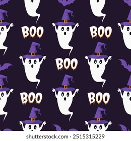 Happy Halloween holiday Seamless Pattern background. Ghost, Bat, Boo. Wallpaper vector illustration.